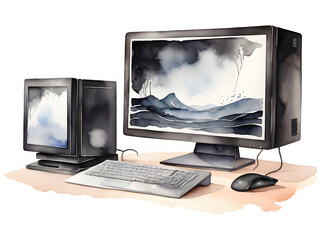 Fototapeta premium computer monitor with mouse watercolor on white background