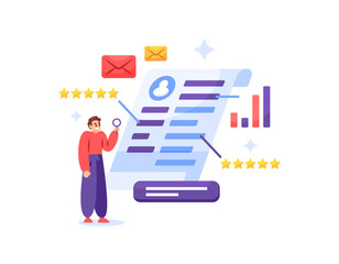 recruitment concept. job vacancy. illustration of HR or Human Resources staff checking and analyzing resume or curriculum vitae files from job applicants. flat style design. elements