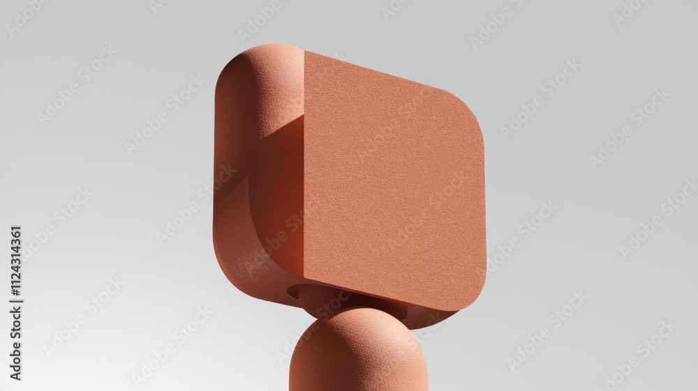 Poster abstract terracotta sculpture with rounded square and spherical base, minimalist design.