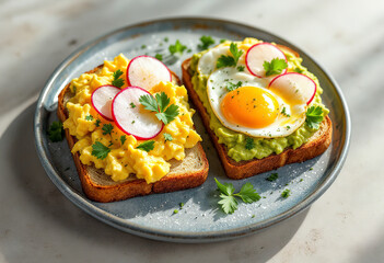 Two slices of toast topped with mashed avocado and scrambled eggs, garnished with radish slices and fresh parsley