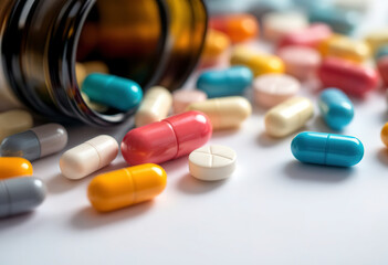 Various colorful pills and capsules on a white background