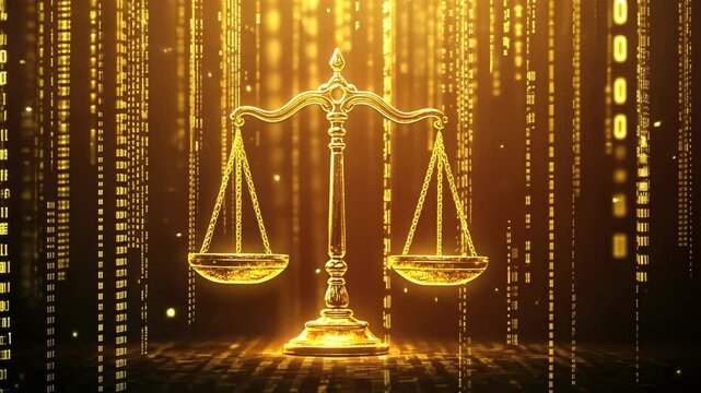 eon light hologram gold justice scale with data and binary number 0 1 floating around, law and futuristic