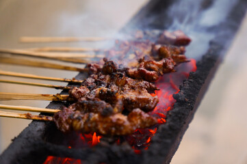 A person is cooking skewers of meat on a grill. The skewers are on a metal grate and are being cooked over a fire