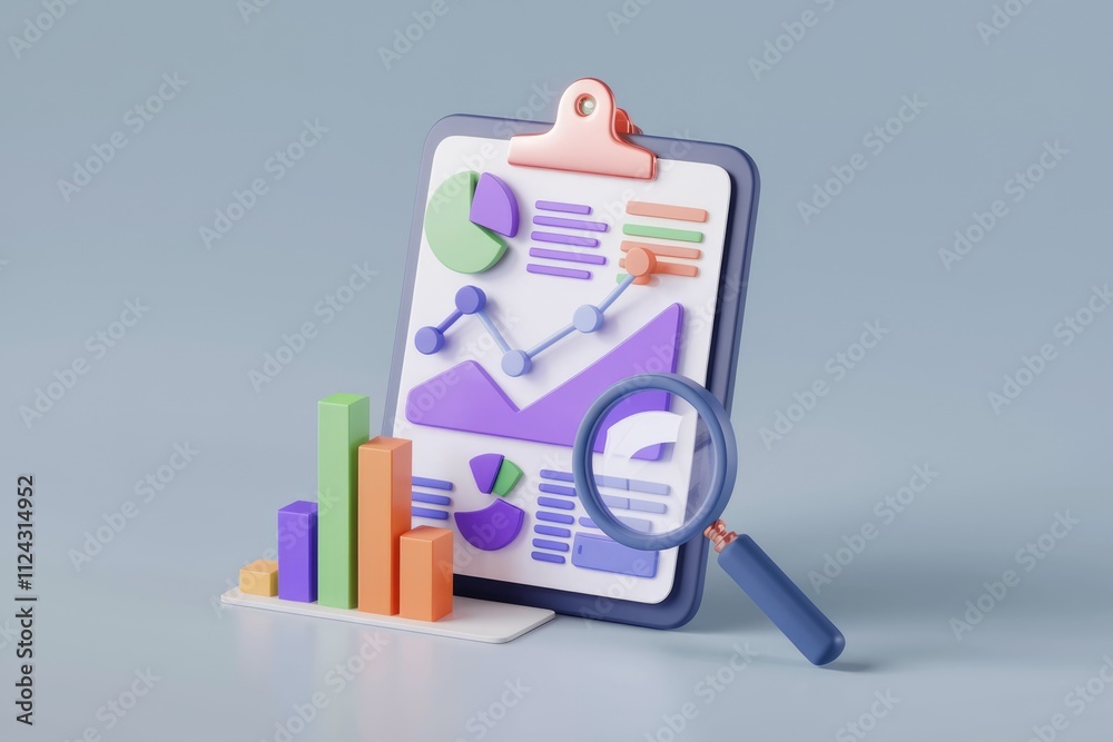 Poster 3D illustration of a clipboard with charts, graphs, and a magnifying glass, representing data analysis and insights.