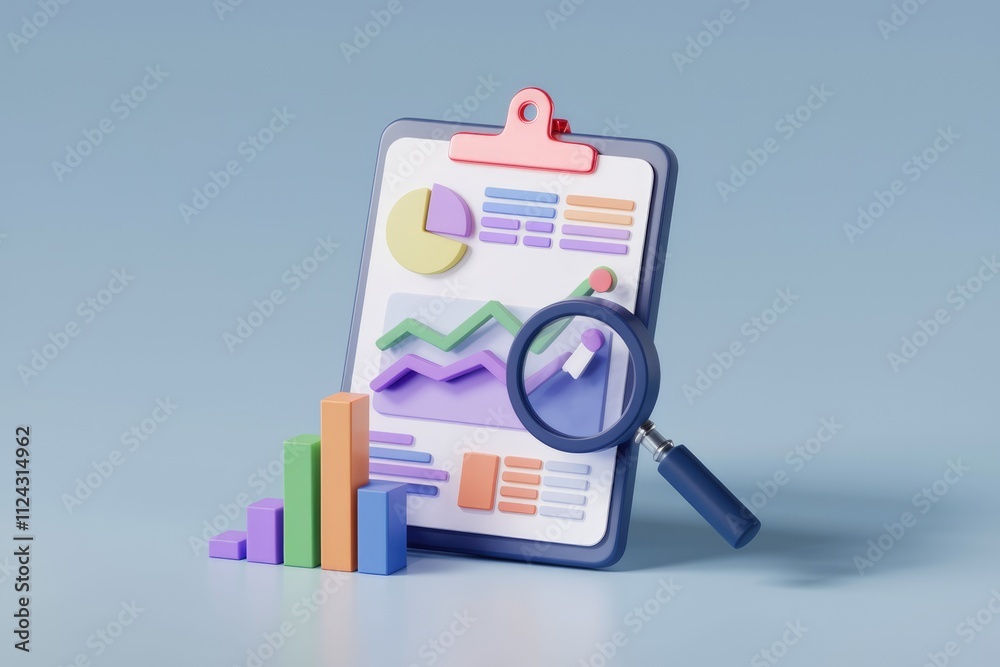 Aufkleber 3d illustration of a clipboard with charts, graphs, and a magnifying glass, representing data analys
