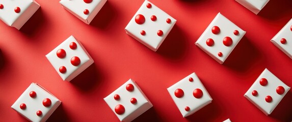 Colorful Arrangement of White Boxes with Red Dots on a Vibrant Red Background, Perfect for Modern Art, Packaging Designs, or Creative Projects