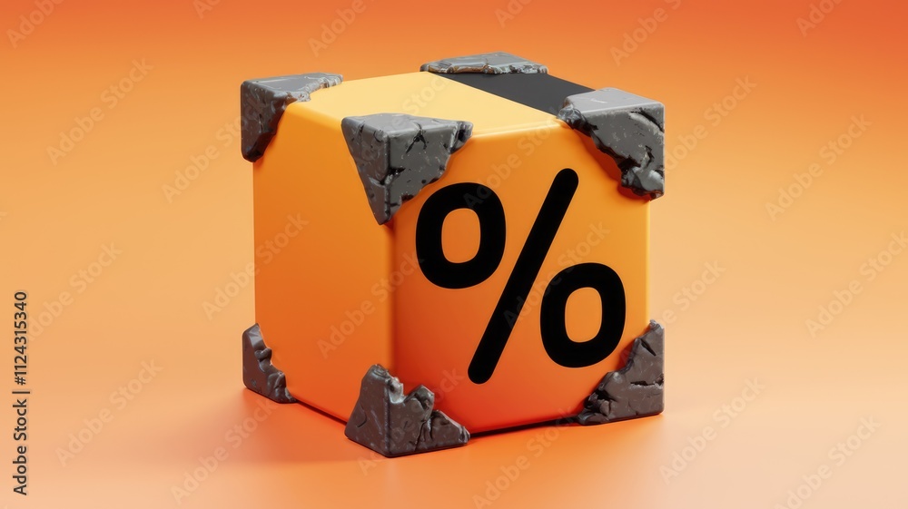 Poster orange cube with a percentage symbol, rock-like edges, 3d render.