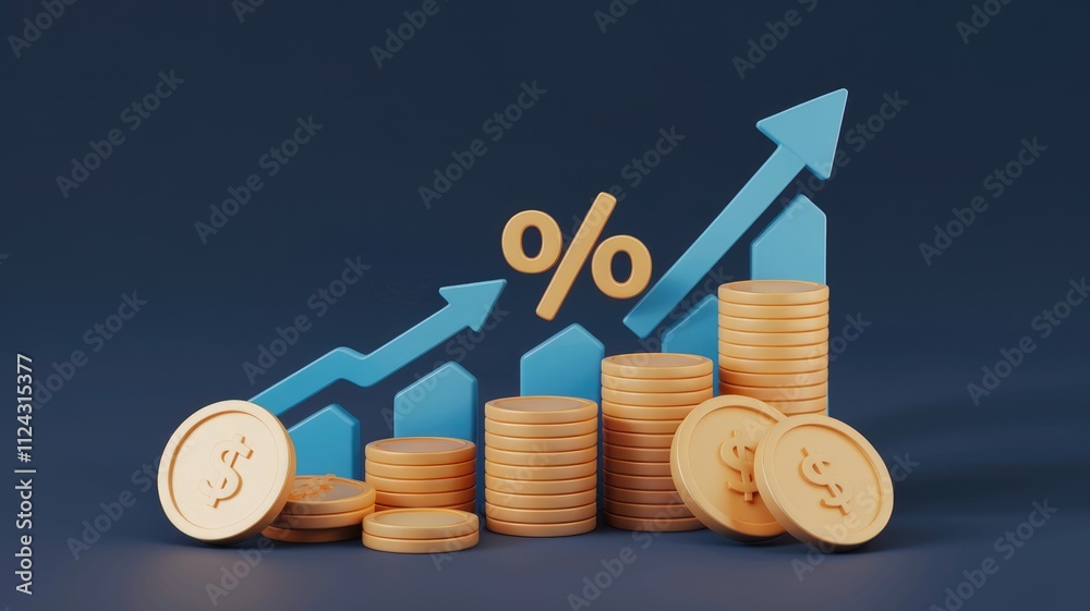 Poster stacks of coins rising with an upward trending graph showcasing financial growth and high interest r