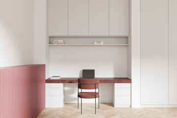 Minimalist work desk with red accents and organized storage in modern interior. 3D Rendering