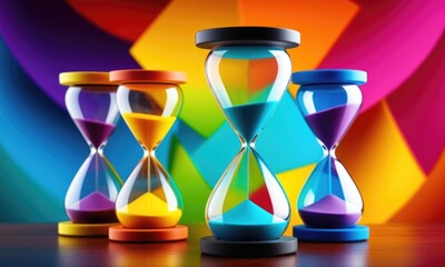 Vibrant hourglasses with multicolored sand on a colorful geometric background