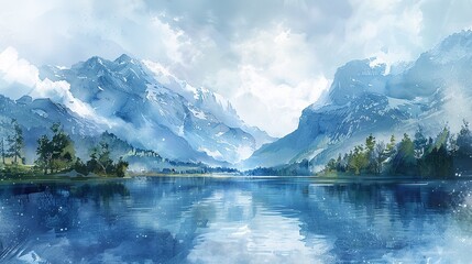 Fototapeta premium River and forest and mountain landscape wilderness outdoors and blue cloudy sky.