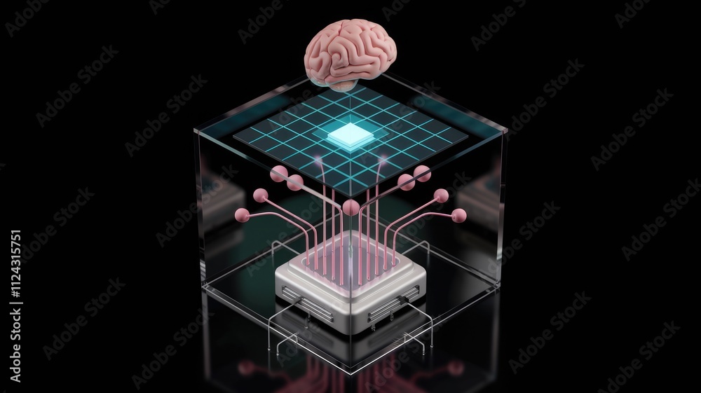 Poster A 3D rendering showcasing a brain connected to a microchip within a glass cube, symbolizing AI and neural networks.