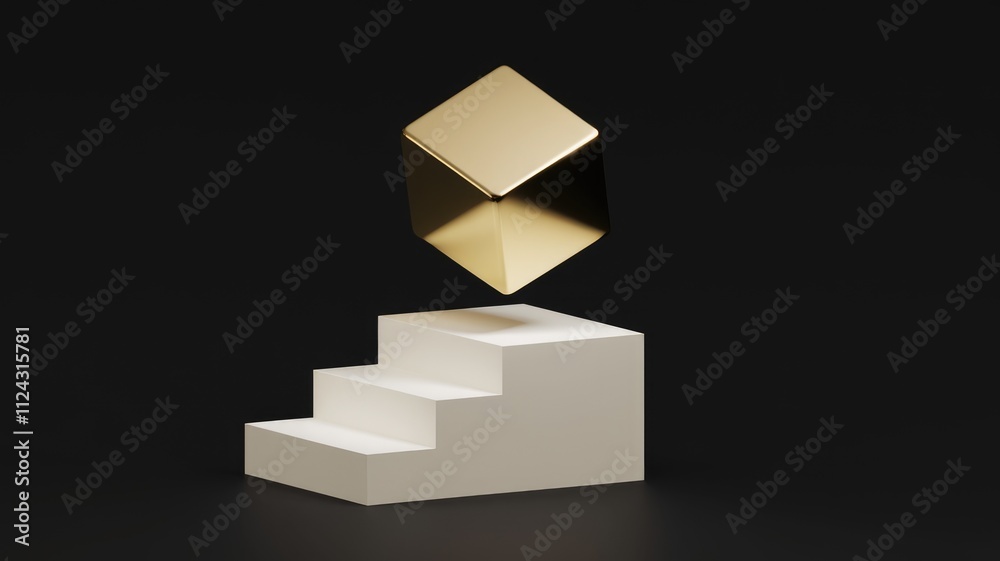 Poster A golden cube hovers above a three-step white platform against a transparent background.