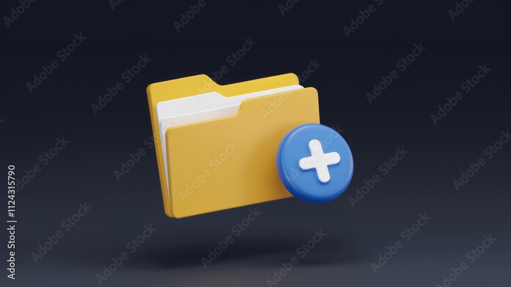 Poster 3D render of a yellow folder icon with a blue plus button, symbolizing adding new files or data.