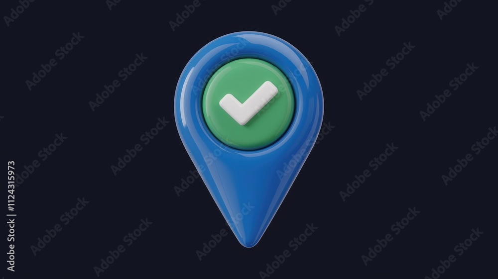 Poster 3d rendered blue location pin with green checkmark, indicating confirmation or completion.