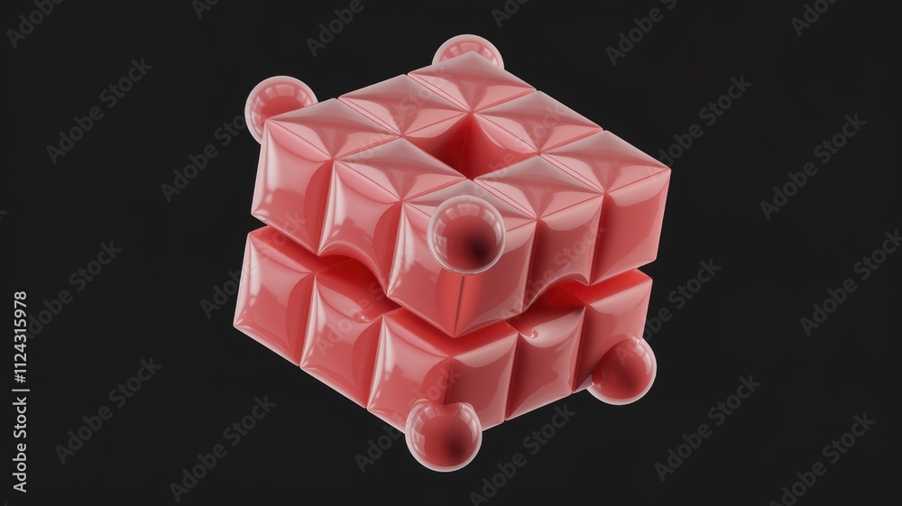 Poster Abstract 3D rendering of a coral-colored geometric structure composed of cubes and spheres.