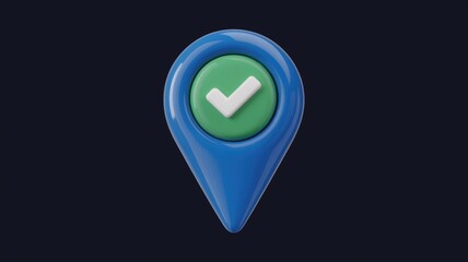 3D rendered blue location pin with green checkmark, indicating confirmation or completion.
