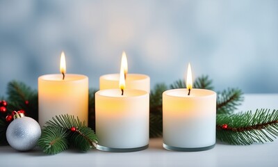 Festive candle arrangement with pine branches and ornament for holiday decor