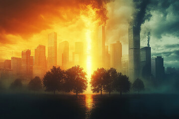Obraz premium Image of a city with skyscrapers and trees shrouded in clouds of smoke. Concept of climate catastrophe. Environment