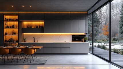 Modern kitchen with dining area and panoramic views.