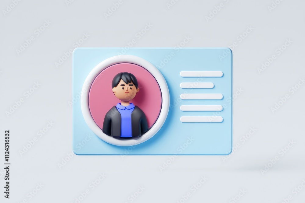 Poster 3D rendering of a minimalist profile card with a cartoon character.