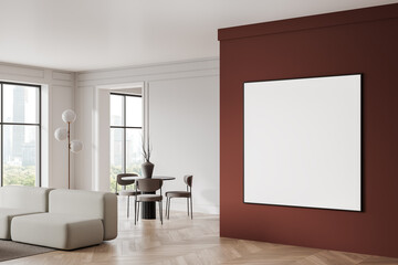 Modern living room with beige sofa, dining area, and blank canvas on red accent wall. 3D Rendering