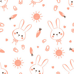 Seamless pattern with bunny rabbit cartoon, sun, carrot and foot print on white background vector.