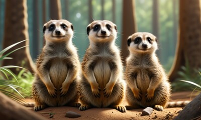 Fototapeta premium Three curious meerkats standing alert in a sunlit forest