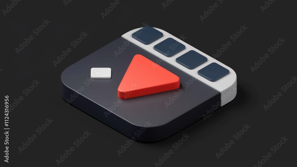 Poster A 3D rendering of a minimalist media player interface with play, pause, and other control buttons.