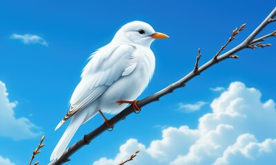 Obraz premium White bird perched on branch against clear blue sky with clouds