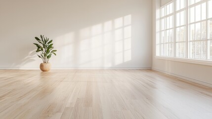 modern studio design sustainable concept. Bright, minimalist room with large windows and a potted plant.