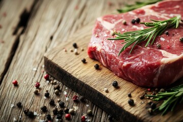 Raw marbled steak closeup on wooden cutting board with fresh herbs and spices rustic kitchen environment culinary exploration meat preparation concept food photography
