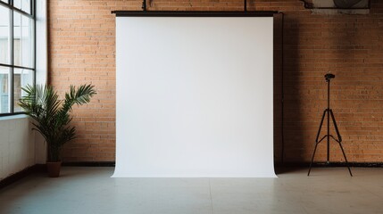 modern studio design sustainable concept. Empty studio space with a white backdrop and plant in a modern setting.
