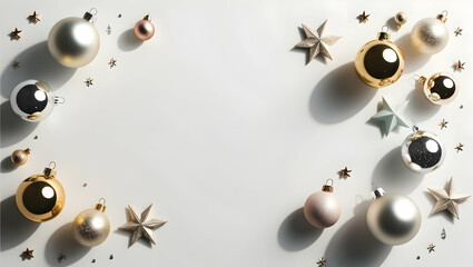 Fototapeta premium Christmas and New Year holiday background. Xmas greeting card. Christmas gifts on white background top view. Noel. Flat lay/A festive flat lay featuring Christmas and New Year elements on a white 