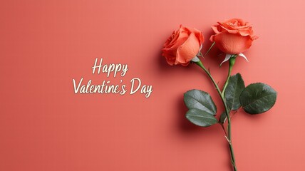 A pair of orange roses against a coral background, featuring the text "Happy Valentine's Day.