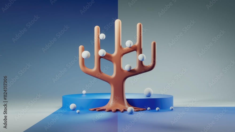 Poster Abstract 3D rendering of a stylized tree with white spheres on a blue platform.