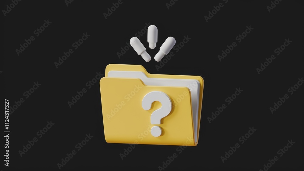 Poster A yellow folder with a question mark, signifying unknown files or data, is shown with four small white capsules floating above it.
