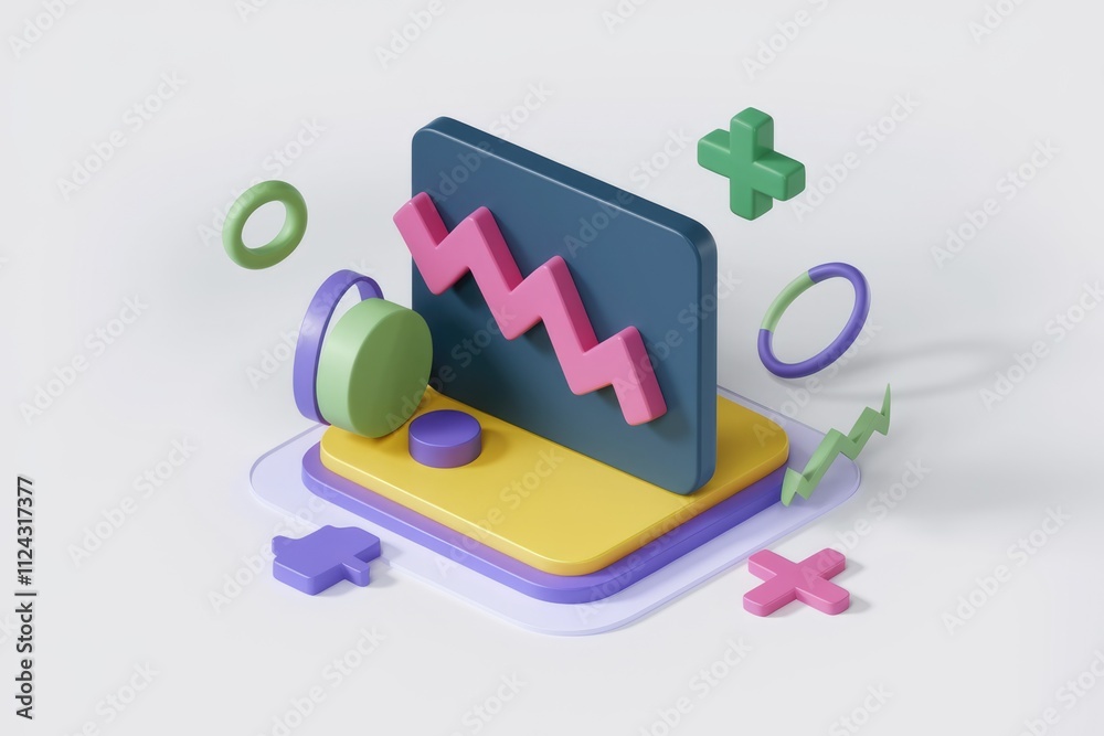 Aufkleber 3D rendering of a decreasing graph with colorful geometric shapes.