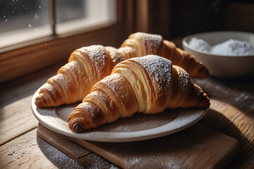 A Close-up of Freshly Baked Croissants With Powdered Sugar