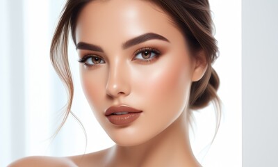 Naklejka premium Elegant beauty portrait of woman with natural makeup and soft lighting