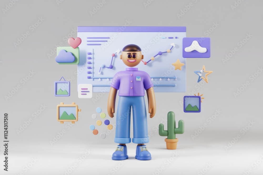 Poster a 3d cartoon character stands proudly before a graph showcasing successful content creation.