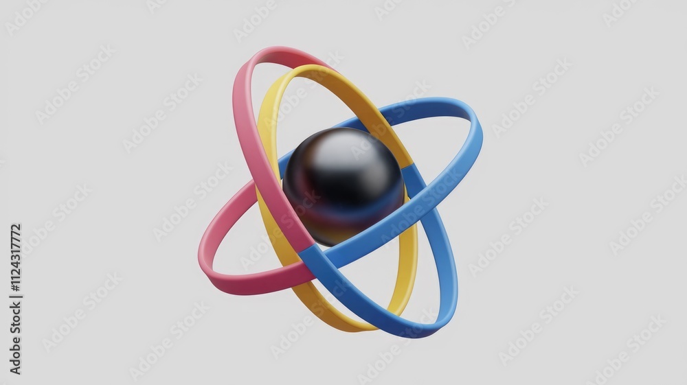 Aufkleber Abstract 3D rendering of atom model with colorful orbiting rings and a central sphere.