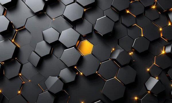 Abstract 3D rendering of black hexagons with one gold hexagon.