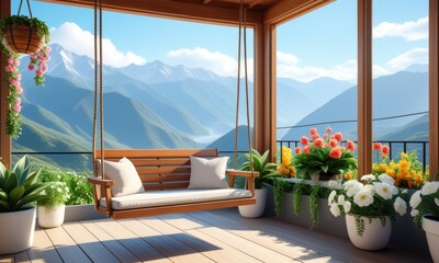 Fototapeta premium Tranquil mountain view from cozy balcony with wooden swing and lush greenery