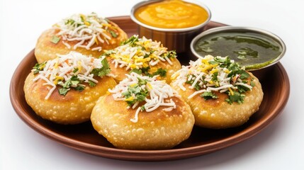 Delicious and Colorful Indian Snacks on a Plate Featuring Crispy Fried Dough Balls Topped with Fresh Herbs and Accompanied by Chutneys and Sweet Sauce