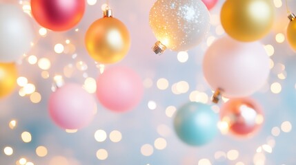Festive Christmas Ornaments with Warm Decorative Lights Sparkling in Soft Pastel Tones