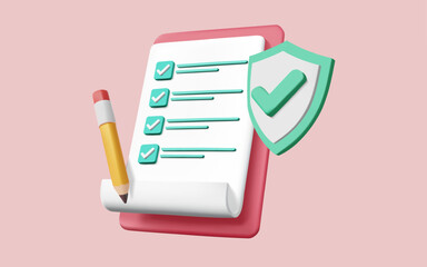 3d vector of White clipboard Insurance policy concept. Assurance protection, policy Guarantee business, business Insurance, Insurance life, Health insurance, Finance, check board and shield. Eps 10