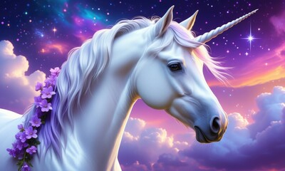 Naklejka premium Majestic white unicorn with floral garland under a starry night sky