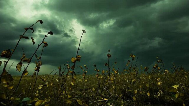 withered  farmland with die crops under black storm cloud, environmental weather crisis concept 