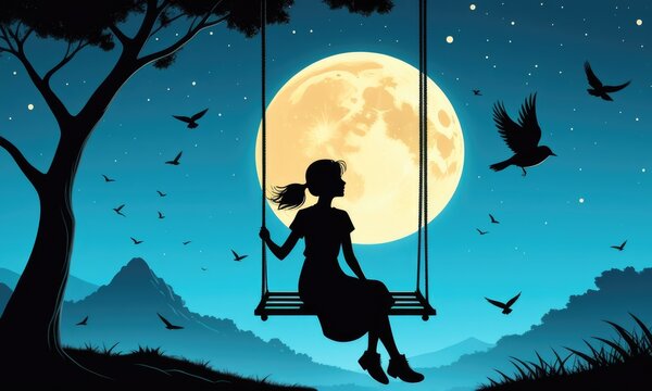 Serenity of a silhouette swing at night with a full moon backdrop